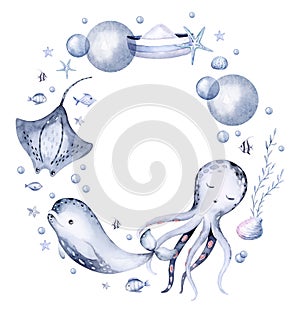 frame of sea animals. Blue watercolor ocean fish wreath, turtle, whale and coral. Shell aquarium mermaid submarine. Nautical