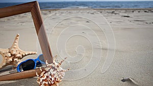 Frame with seashell, starfish and sunglasses on the beach