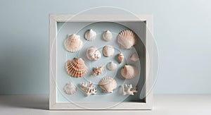 A Frame of Seashells and Coral on a Light Blue Background.