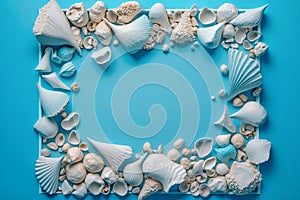 Frame of seashells on the light blue background. Copy space. Generative AI