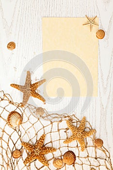 Frame of seashells and palm leaves on white wood