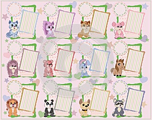 Frame set for baby first year calendar, 12 different cartoon animals, frames, hearts, stars.