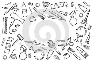 Frame of a set of hairdressing tools, vector illustration doodle scissors, razor, hair dryer, curling iron, curler, comb, brush,