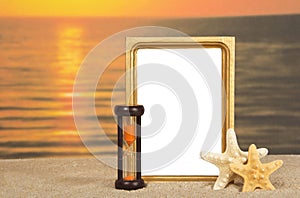 Frame, set of sea cockleshells, hourglasses