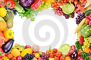 Frame of set vegetables and fruits on white background. Free space for text