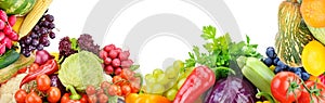 Frame of set vegetables and fruits on white background. Free space for text