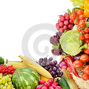 Frame of set vegetables and fruits on white background. Free space for text