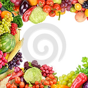 Frame of set vegetables and fruits on white background. Free space for text