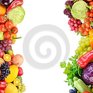 Frame of set vegetables and fruits on white background. Free space for text