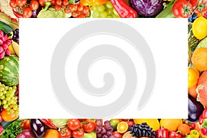 Frame of set vegetables and fruits on white background. Free space for text