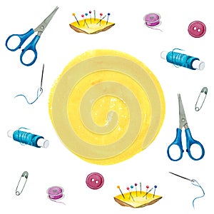 Frame with sewing tools and accessories