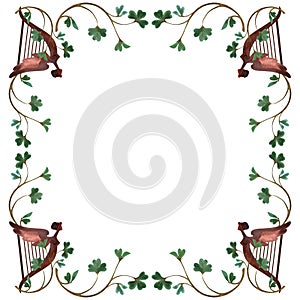 Frame of shamrock clover sprigs with Celtic harps. Decoration for St. Patrick's Day. Isolated watercolor