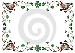 Frame of shamrock clover sprigs with Celtic harps. Decoration for St. Patrick's Day. Isolated watercolor