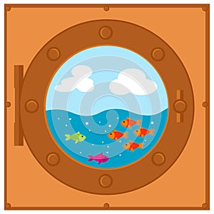 Frame ship`s porthole in steampunk style on a white background. Vector illustration, background, place text or photo