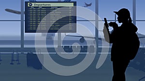 The frame shows an airport with a waiting room. A woman in silhouette looks at the scoreboard and checks the flights
