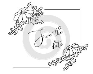 Frame with simple flower branches. Plant with wildflowers and leaves. Hand drawn line drawing. Vector illustration for invitation