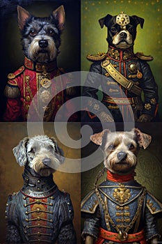 Frame simulation of a classic oil painting of a dog in military clothing old style