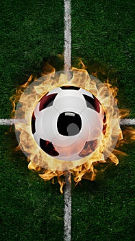 Frame Soccer ball engulfed in vibrant flames, symbolizing intensity