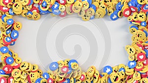 Frame of social media unique design emojis and likes 3D render