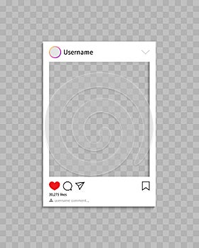 Frame for social post. Frame for photo in social media.Template of profile, post and message with interface, comment and like.