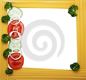 Frame of spaghetti ,tomato,cucumber