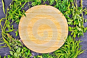 Frame of spicy grass and round board