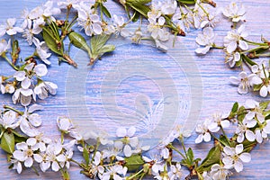 Frame of Spring Flowers on the background of old vintage blue bo