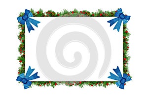 Frame of spruce branches with blue bows in the corners of the frame