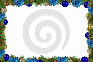 Frame of spruce branches decorated with colorful balls, bows and cones, white background