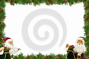 A frame of spruce branches and a figure of Santa Claus, a white background