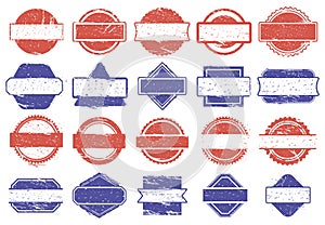 Frame stamps. Grunge texture discount badges, rubber texture framed marks. Rubber sale stamps vector illustration set