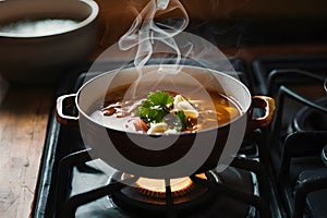 Frame Steaming hot soup simmers on cast iron stove burner photo