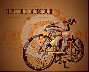 Frame steampunk background with bike and medieval castle