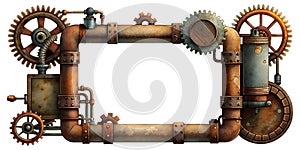 Frame steampunk with rusty pipes and gears, illustration in grainy style, on white background. AI generated.