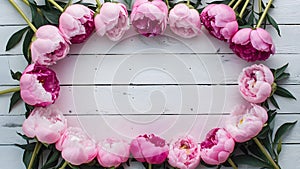 Frame Stunning pink peonies arranged on white rustic wooden background