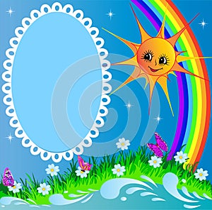 Frame with sun butterfly and rainbow