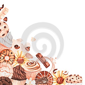 Frame of sweets. Watercolor vintage illustration. Isolated on a white background. For your design.