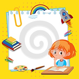 Frame template design with girl reading book