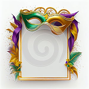 Frame Template with Golden Carnival Masks on White Background. Glittering Celebration Festive Border. Generative Ai