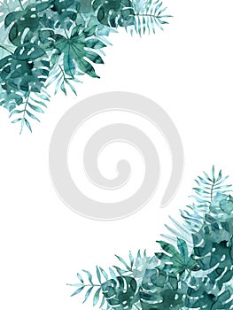 Frame template with watercolor tropical leaves on corners. Exotic hand painted illustration isolated on white