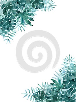 Frame template with watercolor tropical leaves on corners. Exotic hand painted illustration isolated on white photo