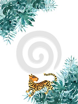 Frame template with watercolor tropical leaves on corners and a tiger. Exotic hand painted illustration isolated on white