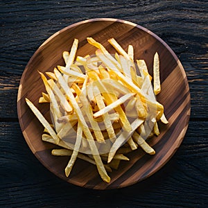 Frame Tempting french fries elegantly presented on a wooden plate