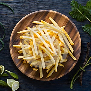 Frame Tempting french fries elegantly presented on a wooden plate