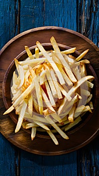 Frame Tempting french fries elegantly presented on a wooden plate