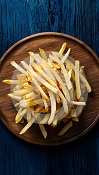 Frame Tempting french fries elegantly presented on a wooden plate