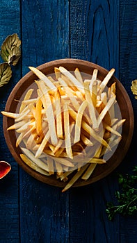 Frame Tempting french fries elegantly presented on a wooden plate