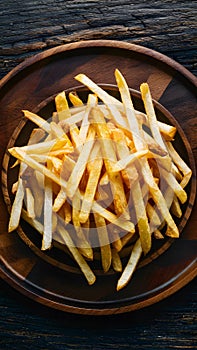 Frame Tempting french fries elegantly presented on a wooden plate