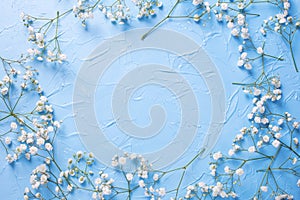 Frame  from tender  white gypsofila  flowers on blue textured background photo