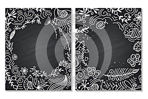 Frame for text with floral ornament summer. Chalk board. White on black.